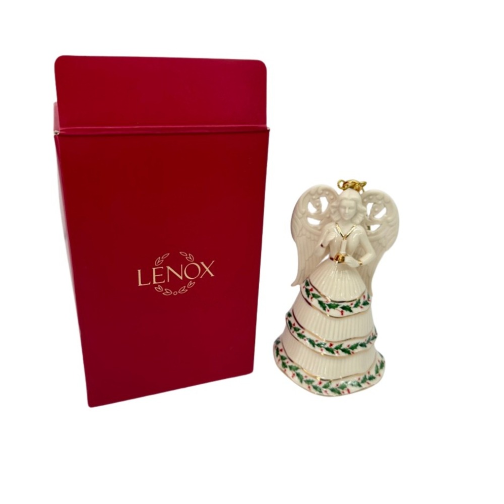 Lenox Holiday Angel Bell Holding Candle Ornament Porcelain Holly Gold 6in w/ Box